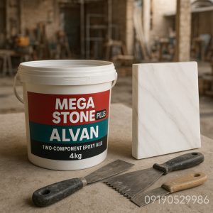 چسب مگا استون پلاس الوان دو جزئی 4 کیلوگرم مخصوص نصب اسلب و سنگ نمای خشک به همراه ابزار کارگاهی و شماره تماس ۰۹۱۹۰۵۲۹۹۸۶